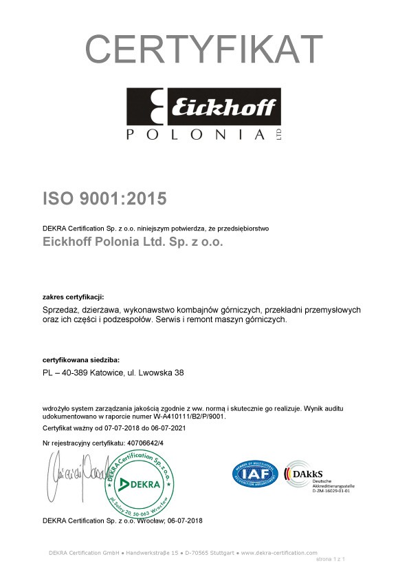 Eickhoff cerytfikat ISO